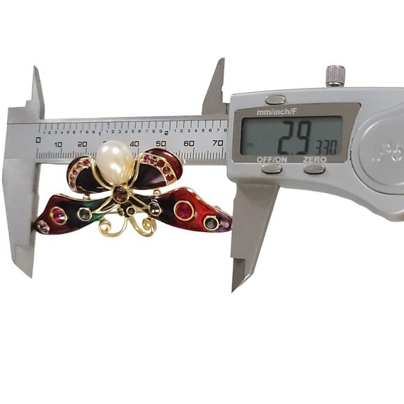 Joan Rivers Gold Tone Enamel Rhinestone Faux Pearl Butterfly Brooch, Signed K523 - Picture 7 of 9